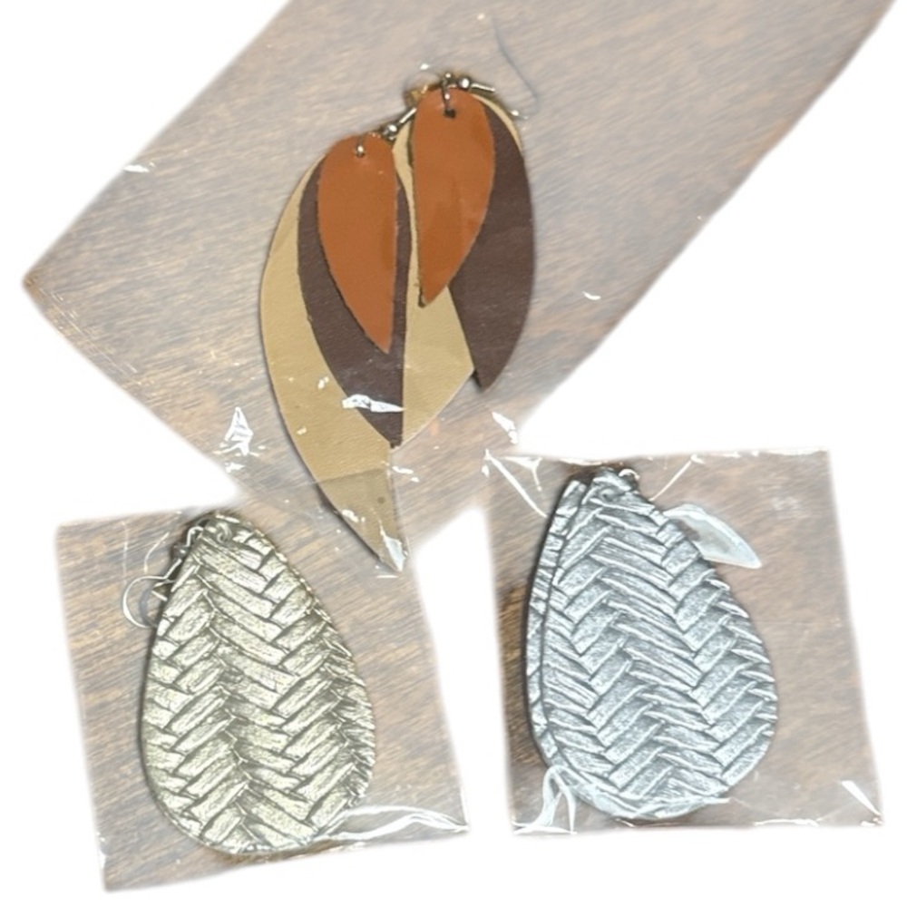 3 Pairs of Faux Leather Earrings. 2 Woven Textured Gold/Silver. 1 pair Tri Color